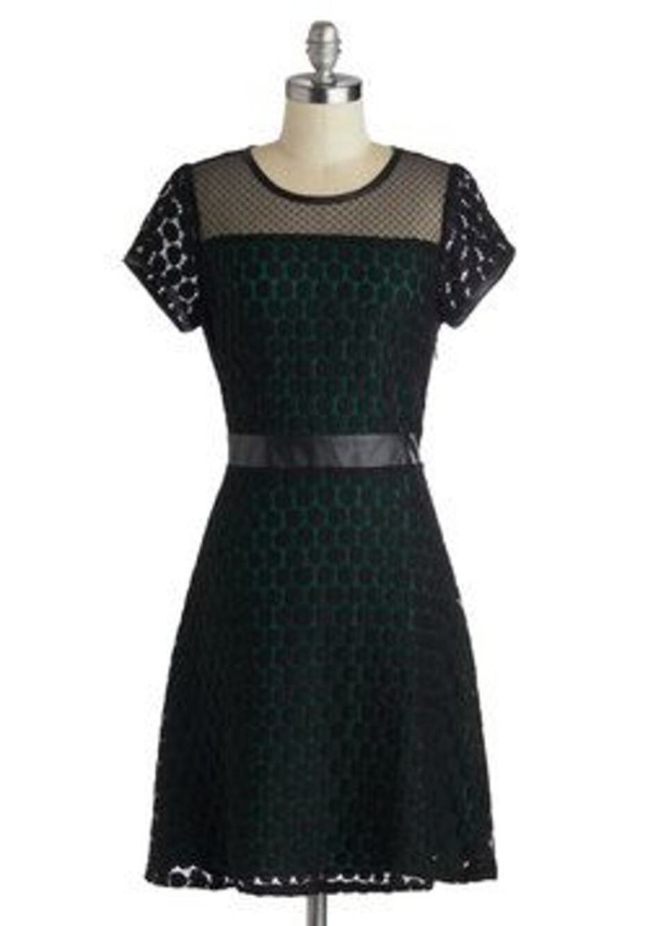 C. LUCE Green Dress Black Crochet Lace Overlay Faux Leather Trim Sheer Top L